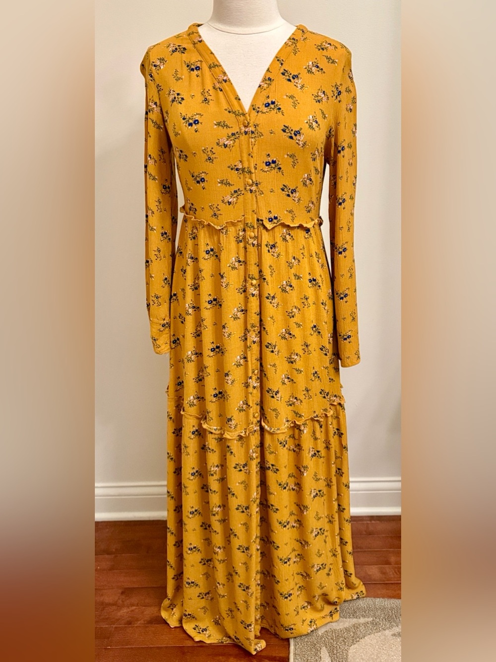 Promesa Yellow Blue Floral M Cottagecore Prairie Country Chic Ruffle Maxi Dress